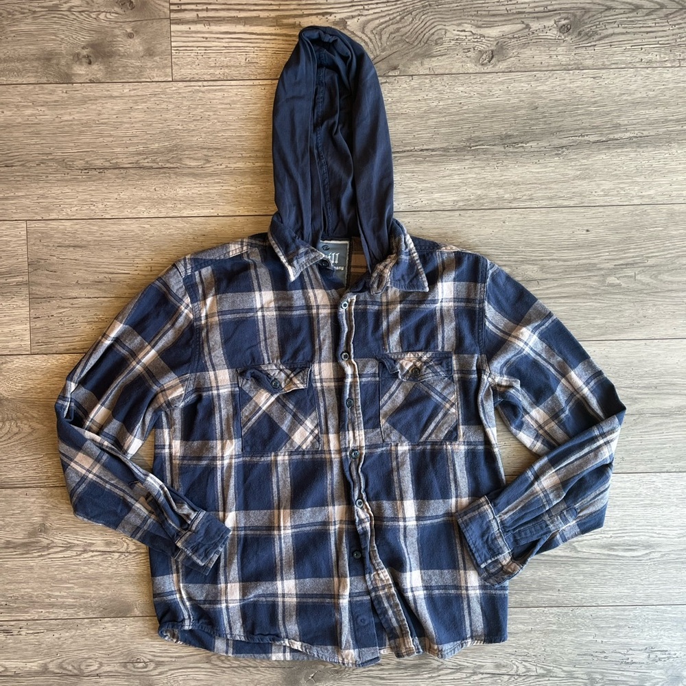Drill Clothing Company Women’s Plaid Long Sleeve Button Down Shirt with Hood L